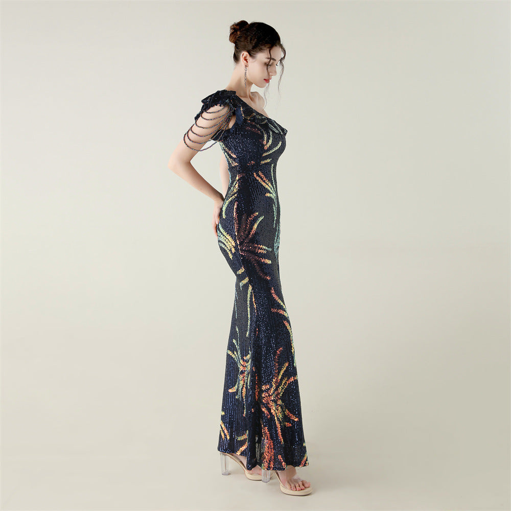 LADIES ONE SHOULDER PARTY / EVENING DRESS WHITE / GREEN / BLACK / APRICOT-BEIGE / GOLD / RED / DARK BLUE (SIZE S - 2XL)