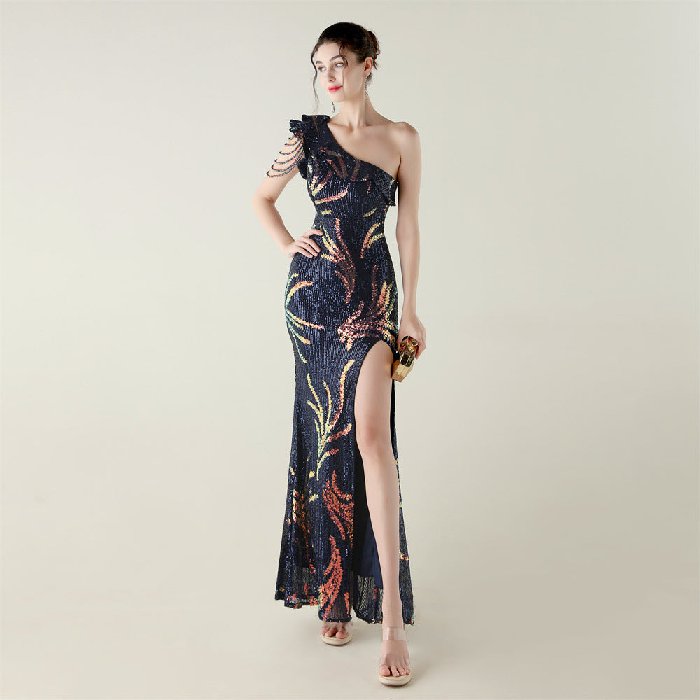 LADIES ONE SHOULDER PARTY / EVENING DRESS WHITE / GREEN / BLACK / APRICOT-BEIGE / GOLD / RED / DARK BLUE (SIZE S - 2XL)