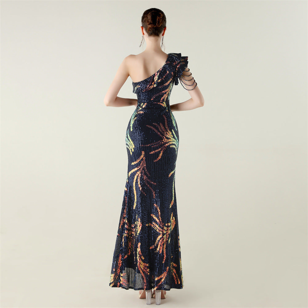 LADIES ONE SHOULDER PARTY / EVENING DRESS WHITE / GREEN / BLACK / APRICOT-BEIGE / GOLD / RED / DARK BLUE (SIZE S - 2XL)
