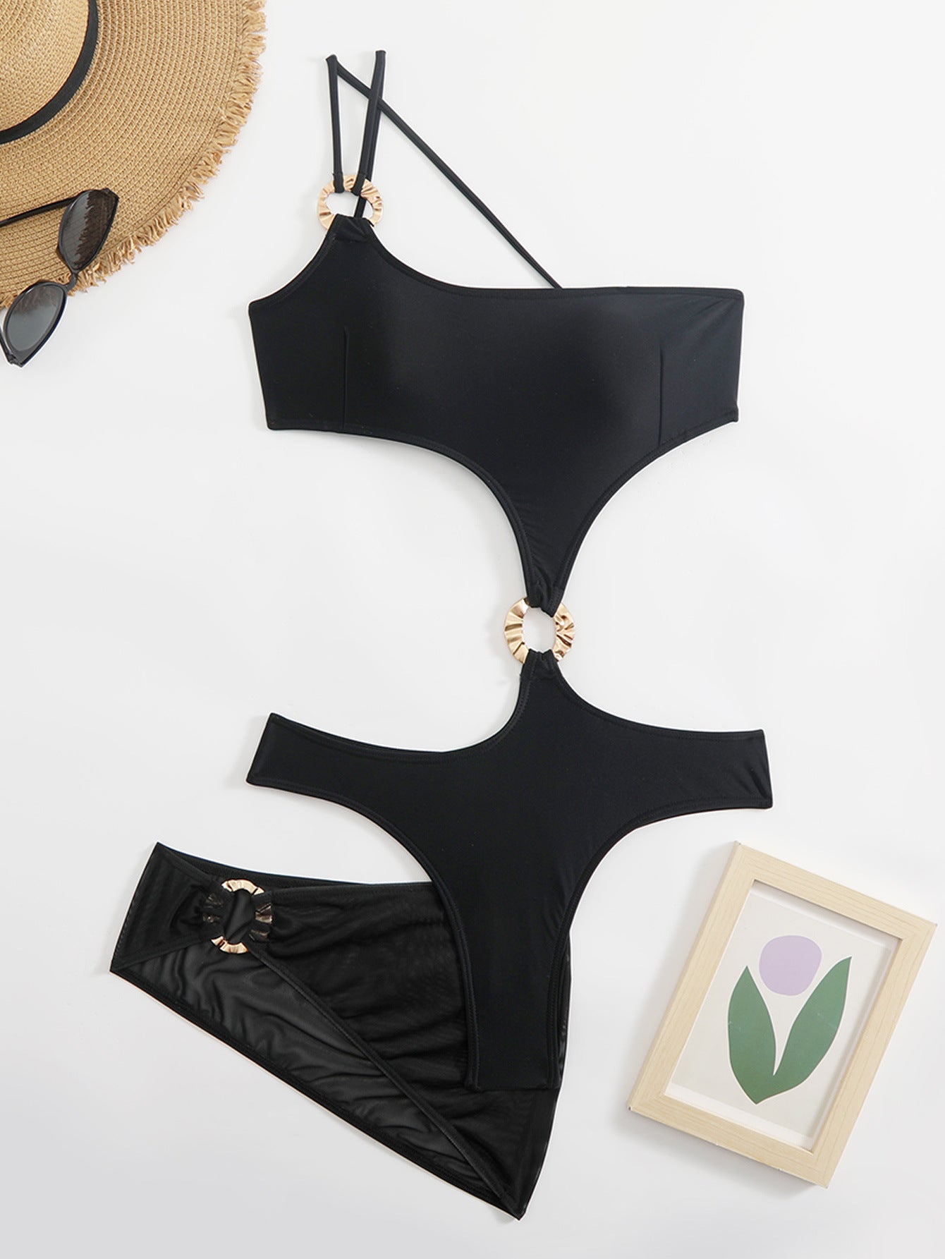 LADIES ONE SHOULDER THREE PIECE SWIMSUIT SET BLACK (SIZE S - L)