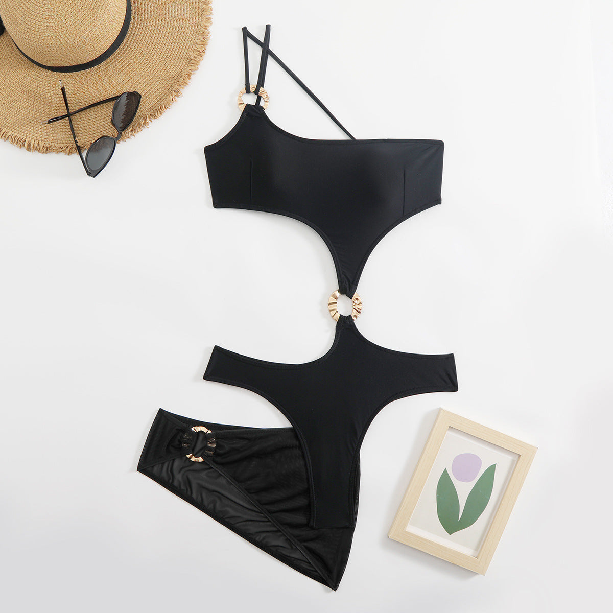 LADIES ONE SHOULDER THREE PIECE SWIMSUIT SET BLACK (SIZE S - L)