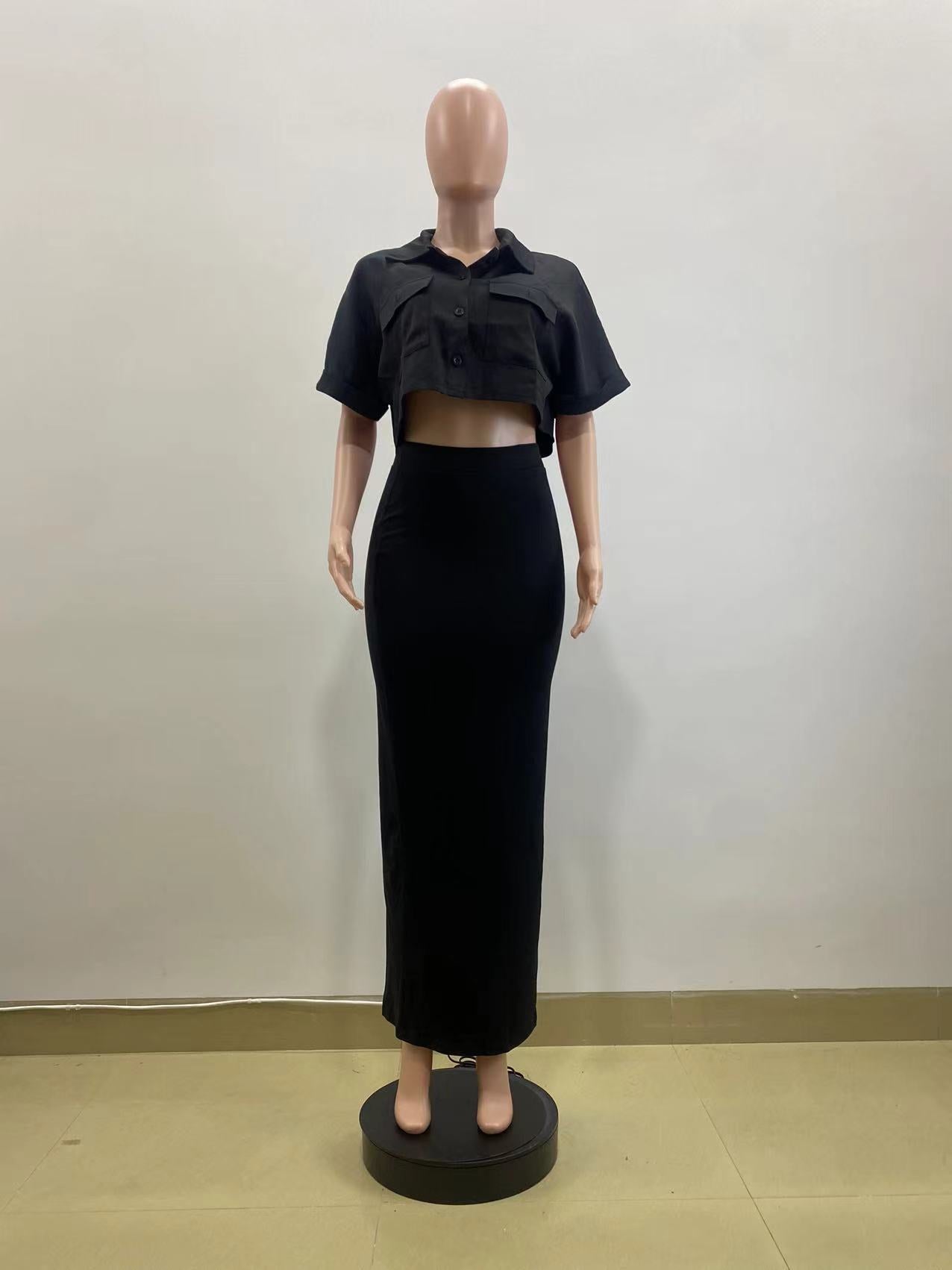 LADIES SHORT SLEEVE CROPPED SHIRT & SKIRT SET BLACK (SIZE S - 2XL)