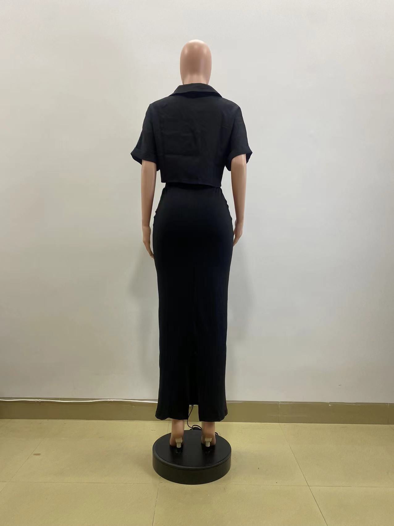 LADIES SHORT SLEEVE CROPPED SHIRT & SKIRT SET BLACK (SIZE S - 2XL)
