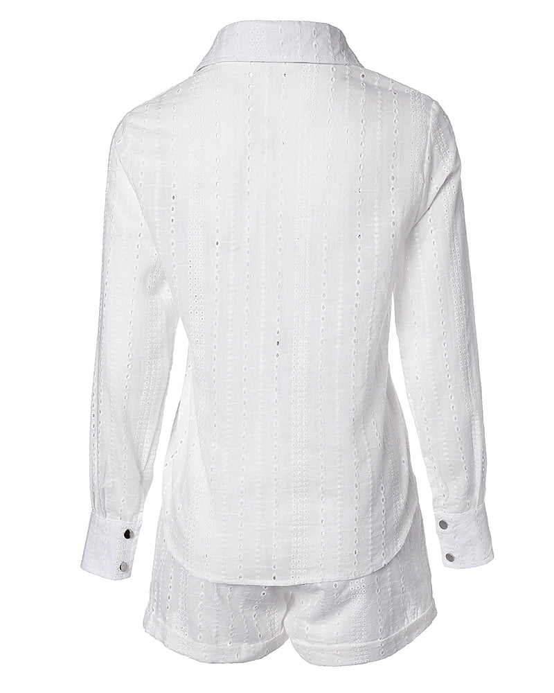 LADIES LONG SLEEVE SHIRT & SHORTS SET WHITE / YELLOW / BLUE / PINK (SIZE S - XL)