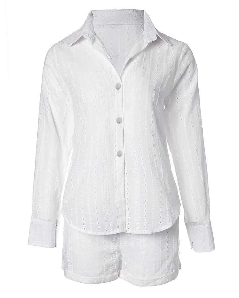 LADIES LONG SLEEVE SHIRT & SHORTS SET WHITE / YELLOW / BLUE / PINK (SIZE S - XL)