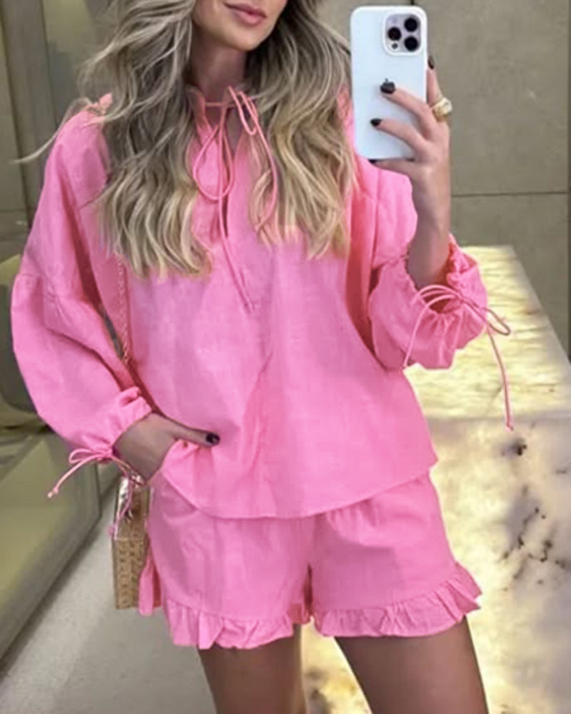 LADIES TWO PIECE LONG SLEEVE SHIRT & SHORTS SET PINK (SIZE S - XL)