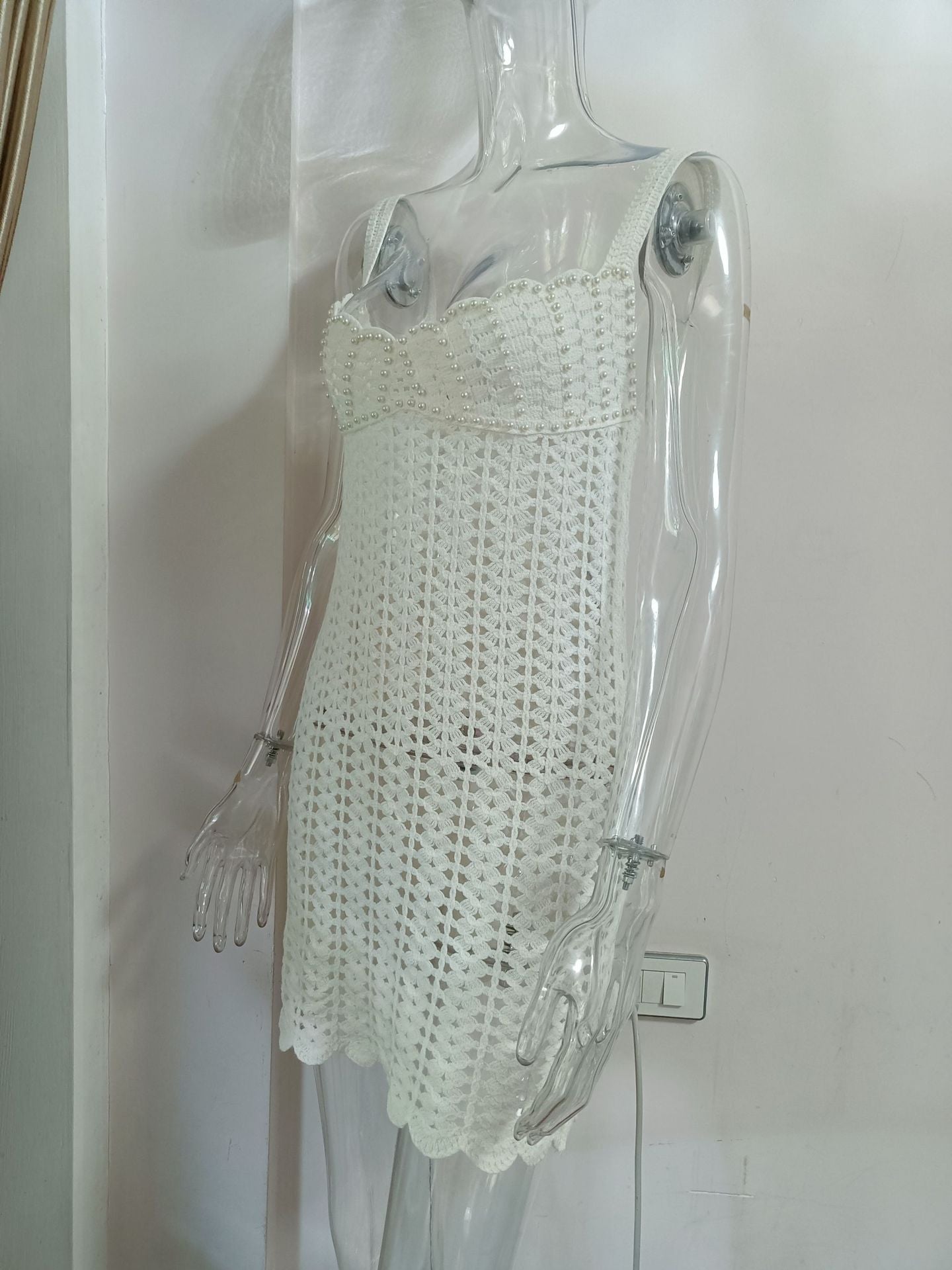 LADIES KNITTED MINI BEACHDRESS / BEACWEAR COVER UP DRESS WHITE / KHAKI (SIZE S - L)