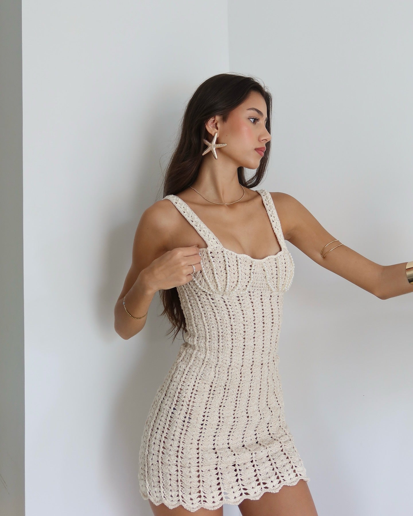 LADIES KNITTED MINI BEACHDRESS / BEACWEAR COVER UP DRESS WHITE / KHAKI (SIZE S - L)