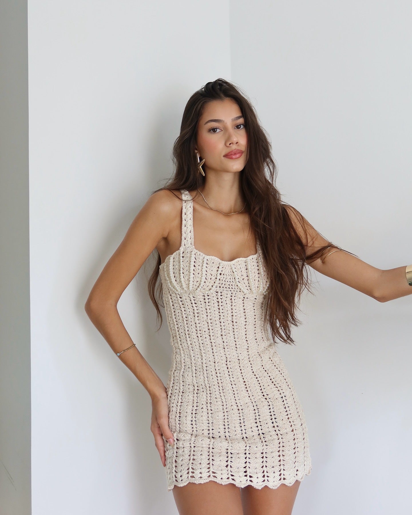 LADIES KNITTED MINI BEACHDRESS / BEACWEAR COVER UP DRESS WHITE / KHAKI (SIZE S - L)