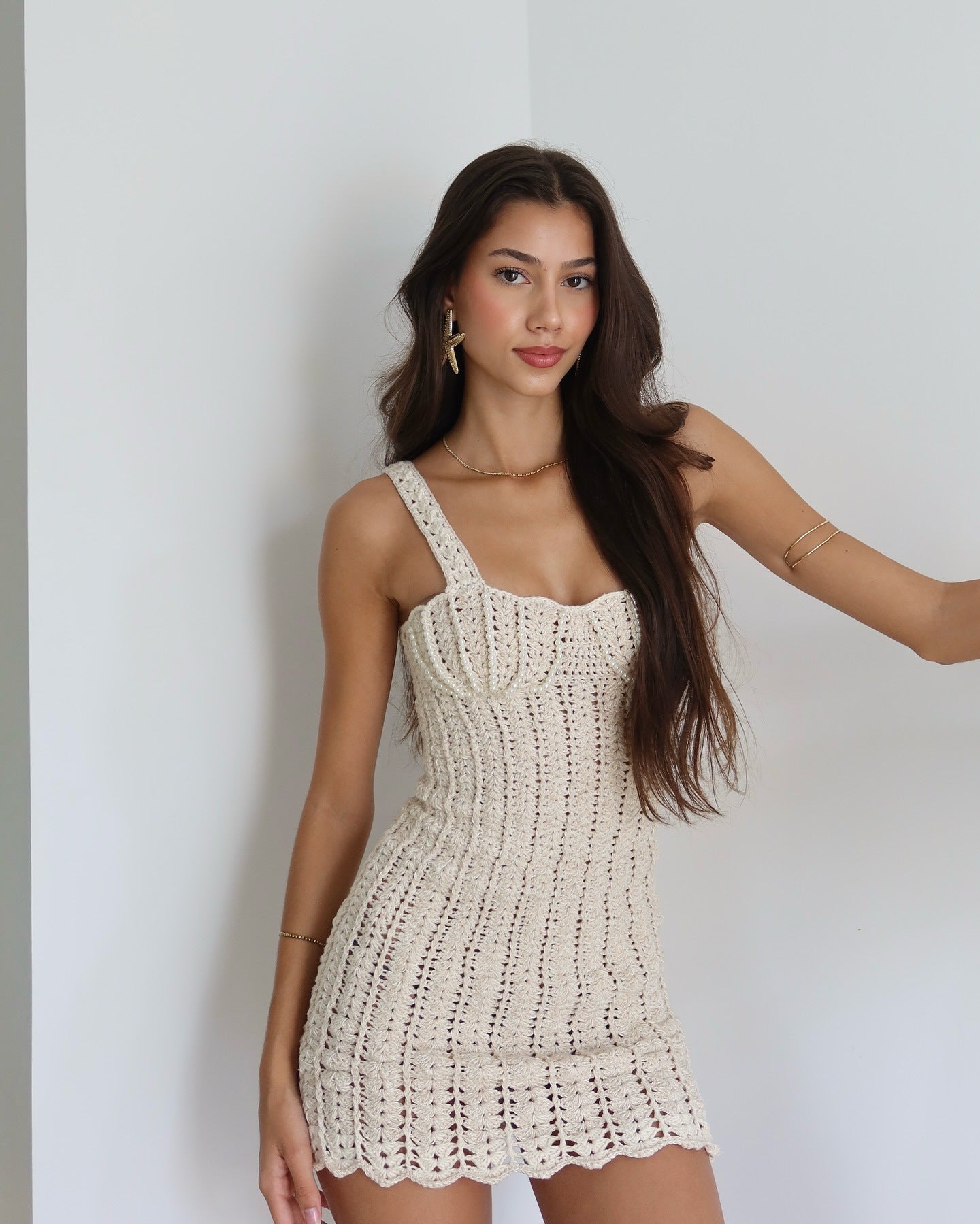 LADIES KNITTED MINI BEACHDRESS / BEACWEAR COVER UP DRESS WHITE / KHAKI (SIZE S - L)
