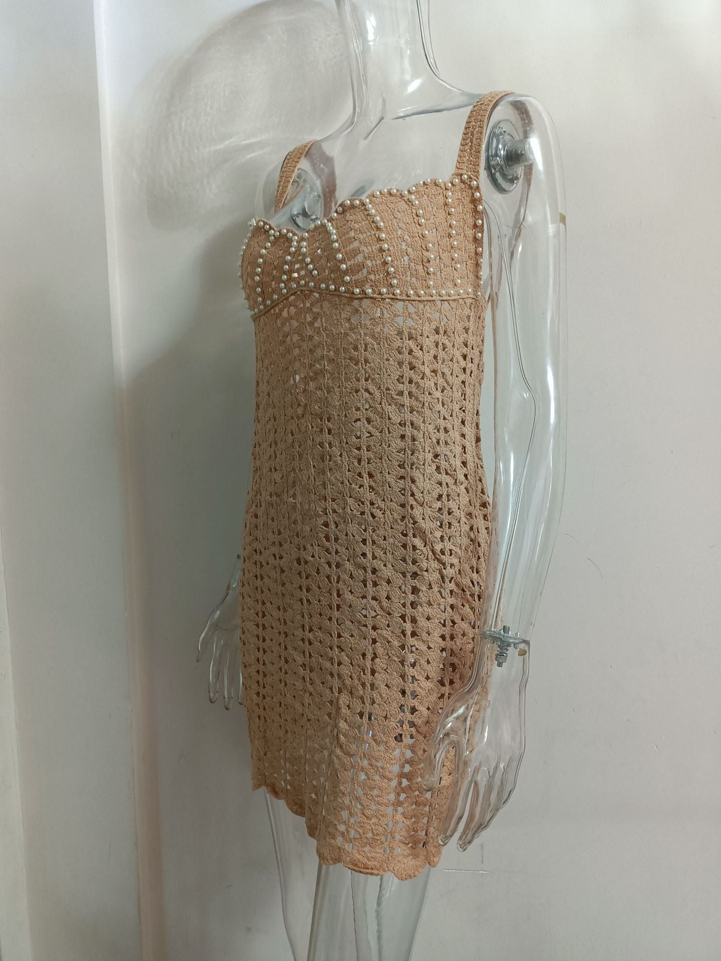 LADIES KNITTED MINI BEACHDRESS / BEACWEAR COVER UP DRESS WHITE / KHAKI (SIZE S - L)