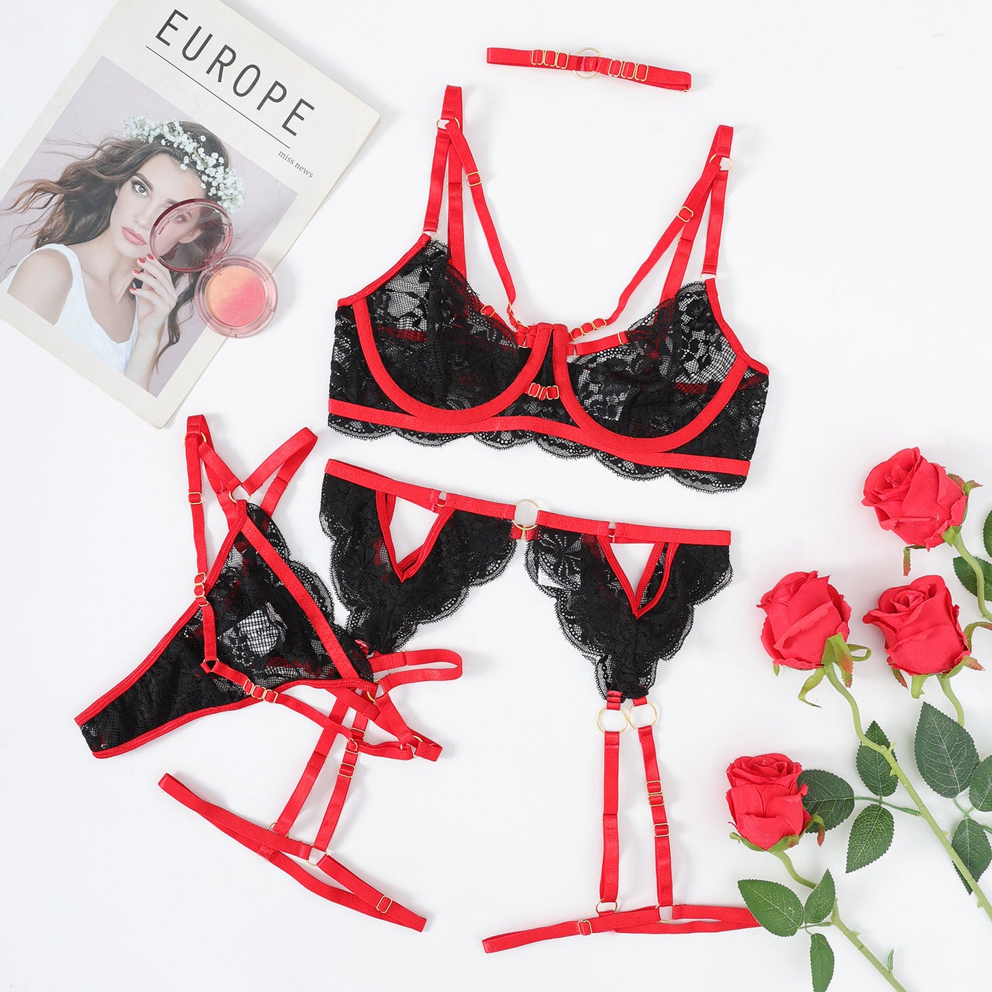 LADIES TWO PIECE LINGERIE SET *** MINIMUM ORDER 2 BLACK & RED (SIZE XS - XL)