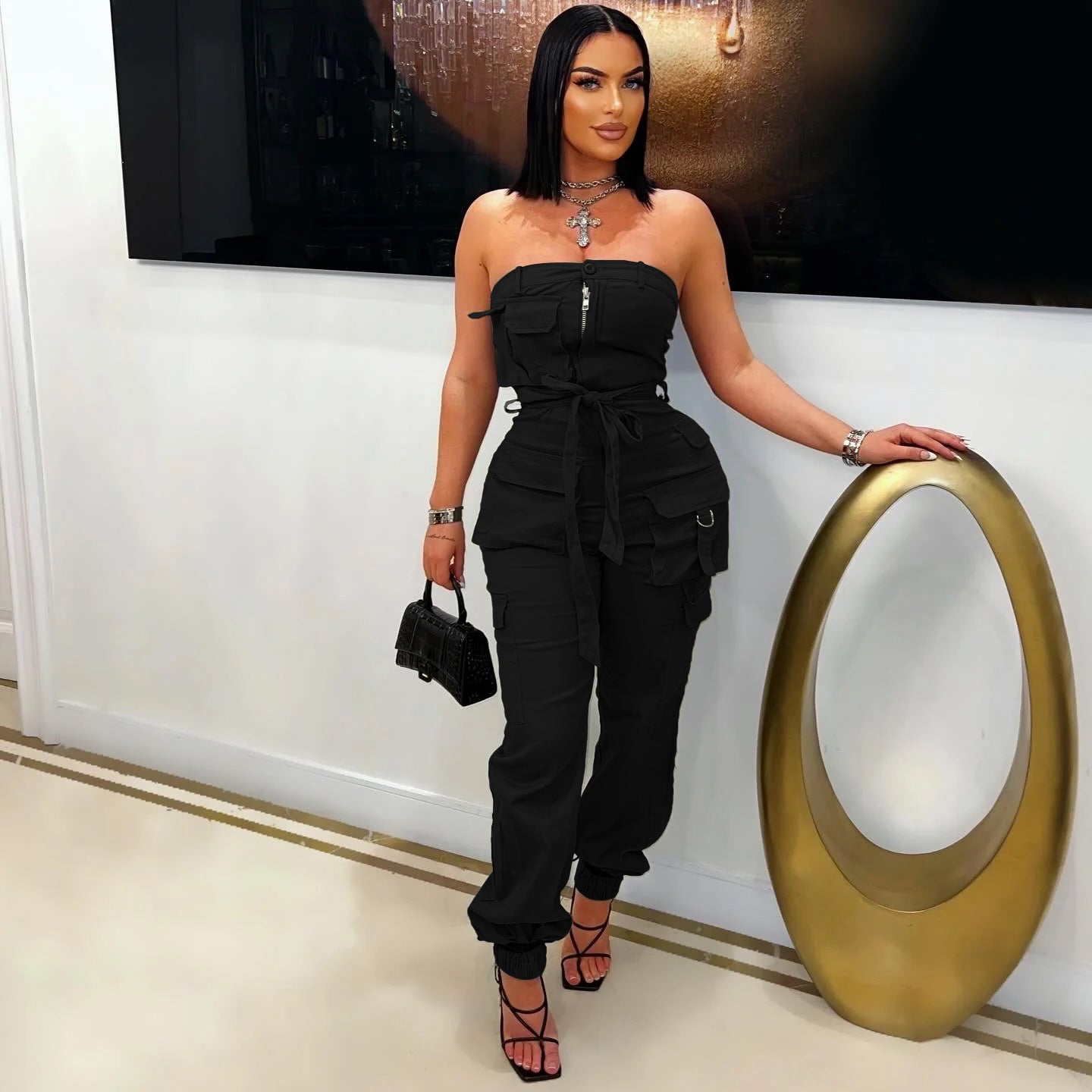 LADIES SLEEVELESS STRAPLESS CARGO JUMPSUIT BLACK / ARMY GREEN / KHAKI (SIZE S - 2XL)