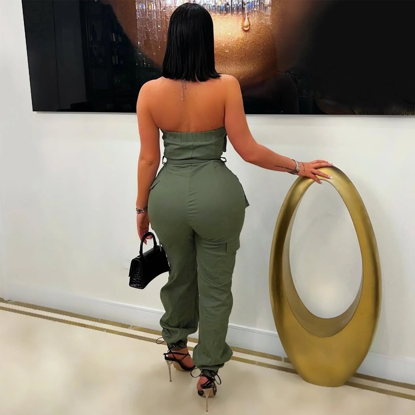 LADIES SLEEVELESS STRAPLESS CARGO JUMPSUIT BLACK / ARMY GREEN / KHAKI (SIZE S - 2XL)