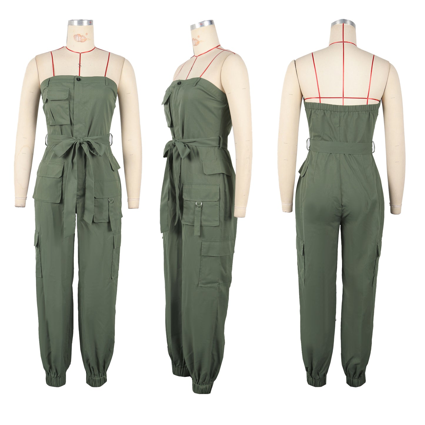 LADIES SLEEVELESS STRAPLESS CARGO JUMPSUIT BLACK / ARMY GREEN / KHAKI (SIZE S - 2XL)