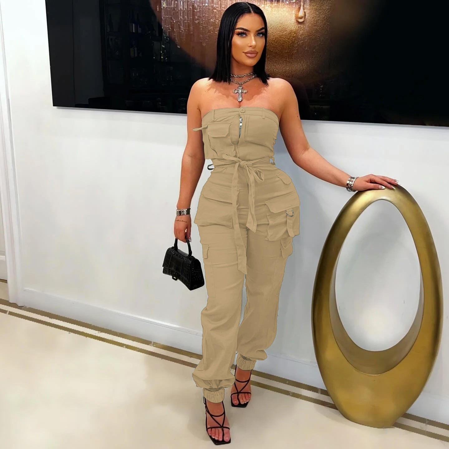 LADIES SLEEVELESS STRAPLESS CARGO JUMPSUIT BLACK / ARMY GREEN / KHAKI (SIZE S - 2XL)