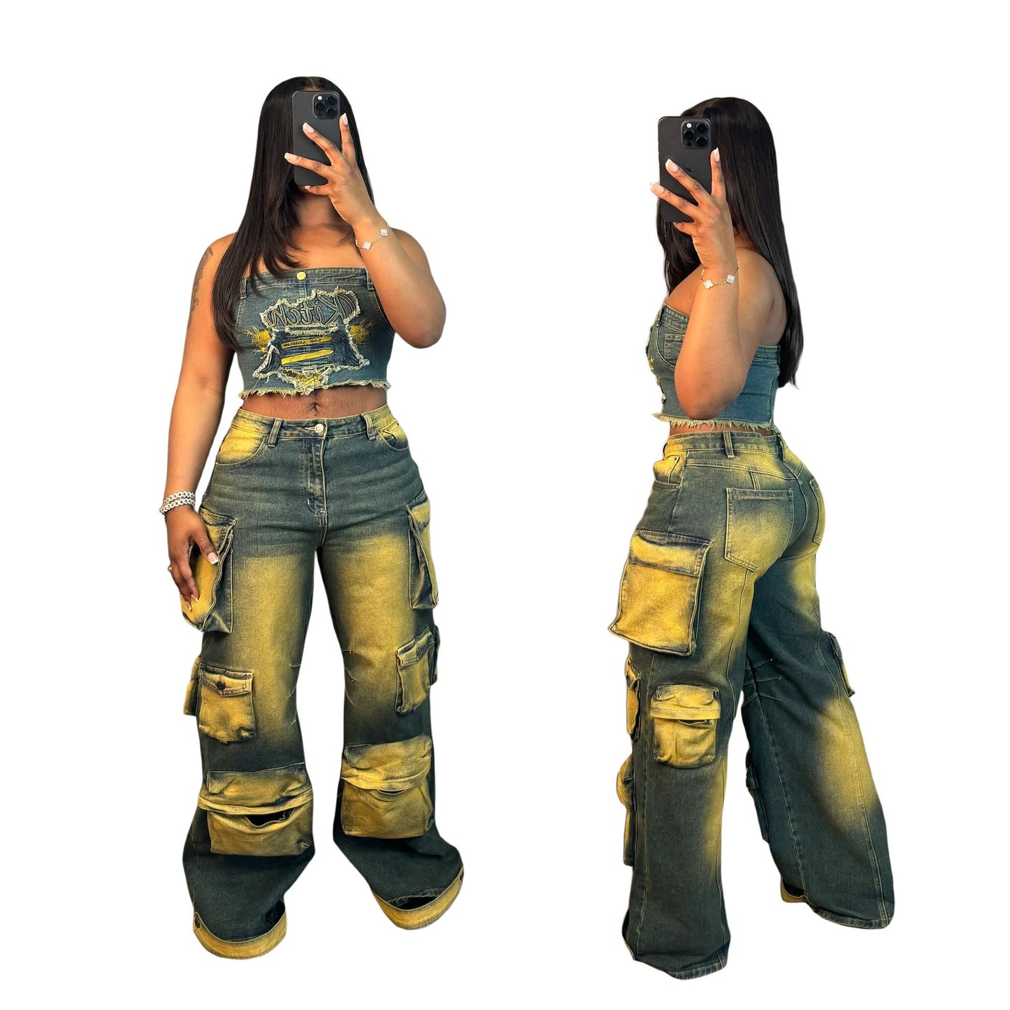 LADIES DENIM CARGO JEANS DENIM PANTS DARK BLUE DENIM YELLOW (SIZE S - 2XL)