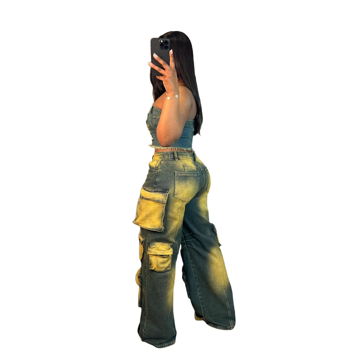 LADIES DENIM CARGO JEANS DENIM PANTS DARK BLUE DENIM YELLOW (SIZE S - 2XL)