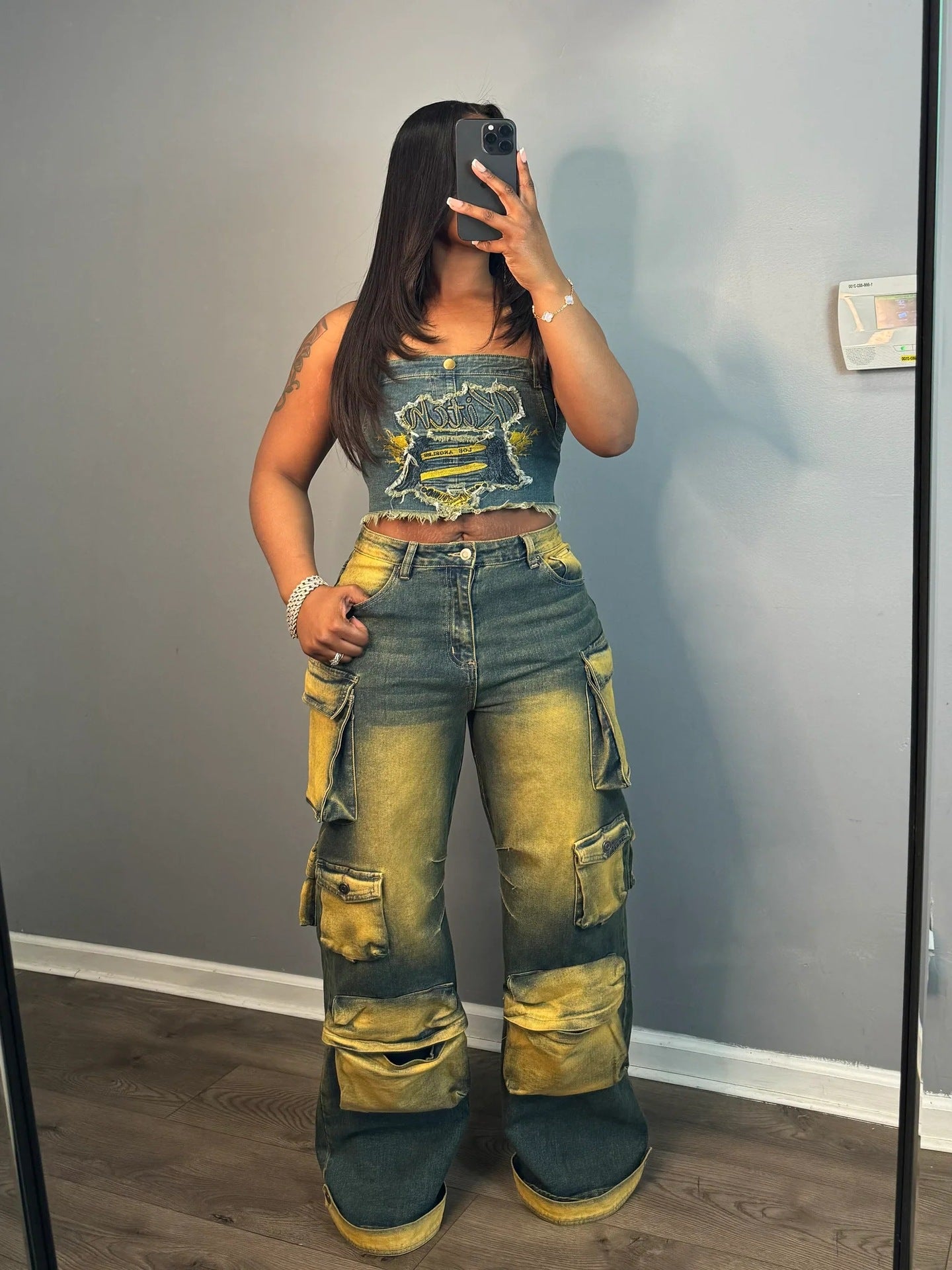 LADIES DENIM CARGO JEANS DENIM PANTS DARK BLUE DENIM YELLOW (SIZE S - 2XL)
