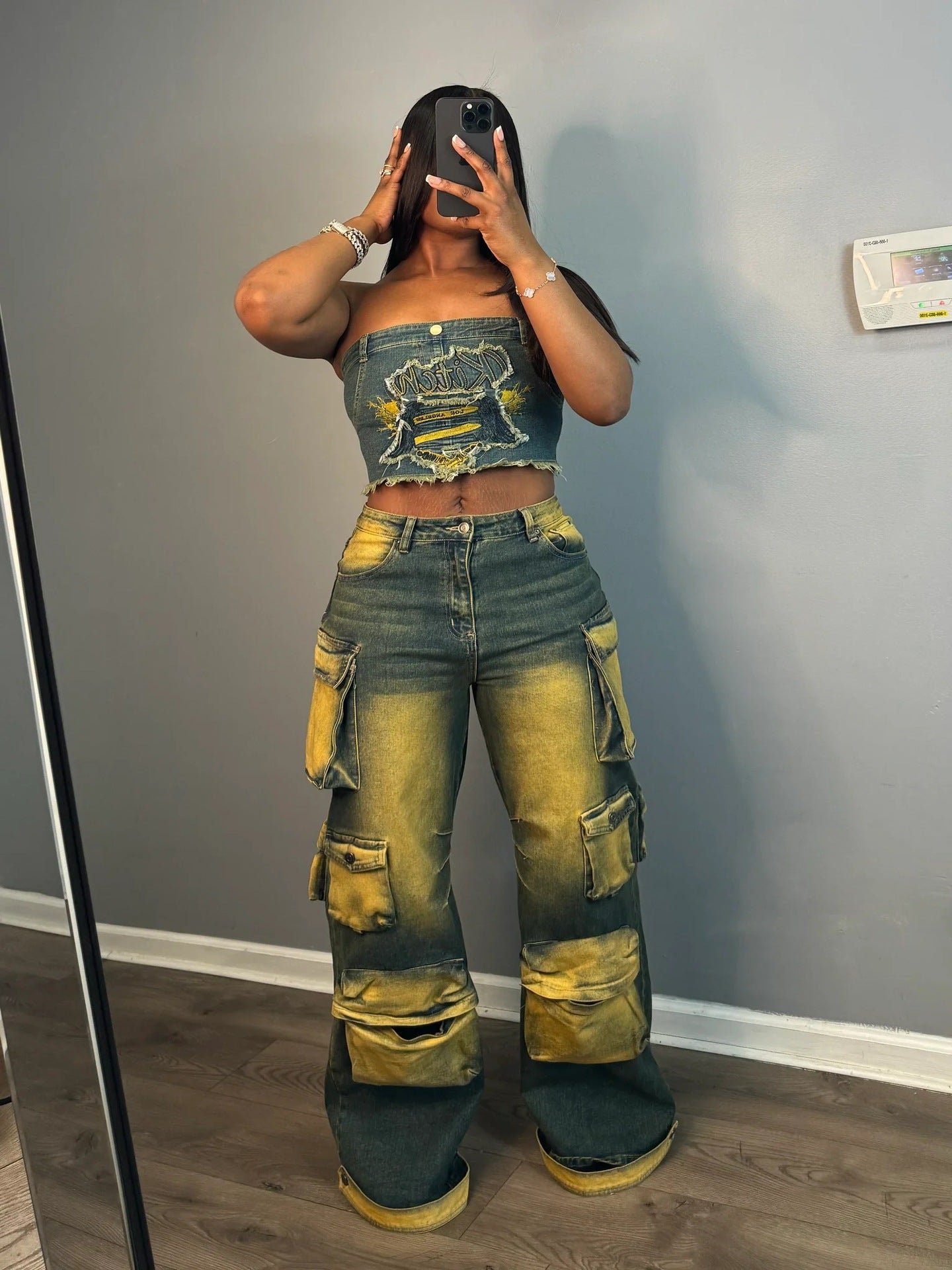 LADIES DENIM CARGO JEANS DENIM PANTS DARK BLUE DENIM YELLOW (SIZE S - 2XL)