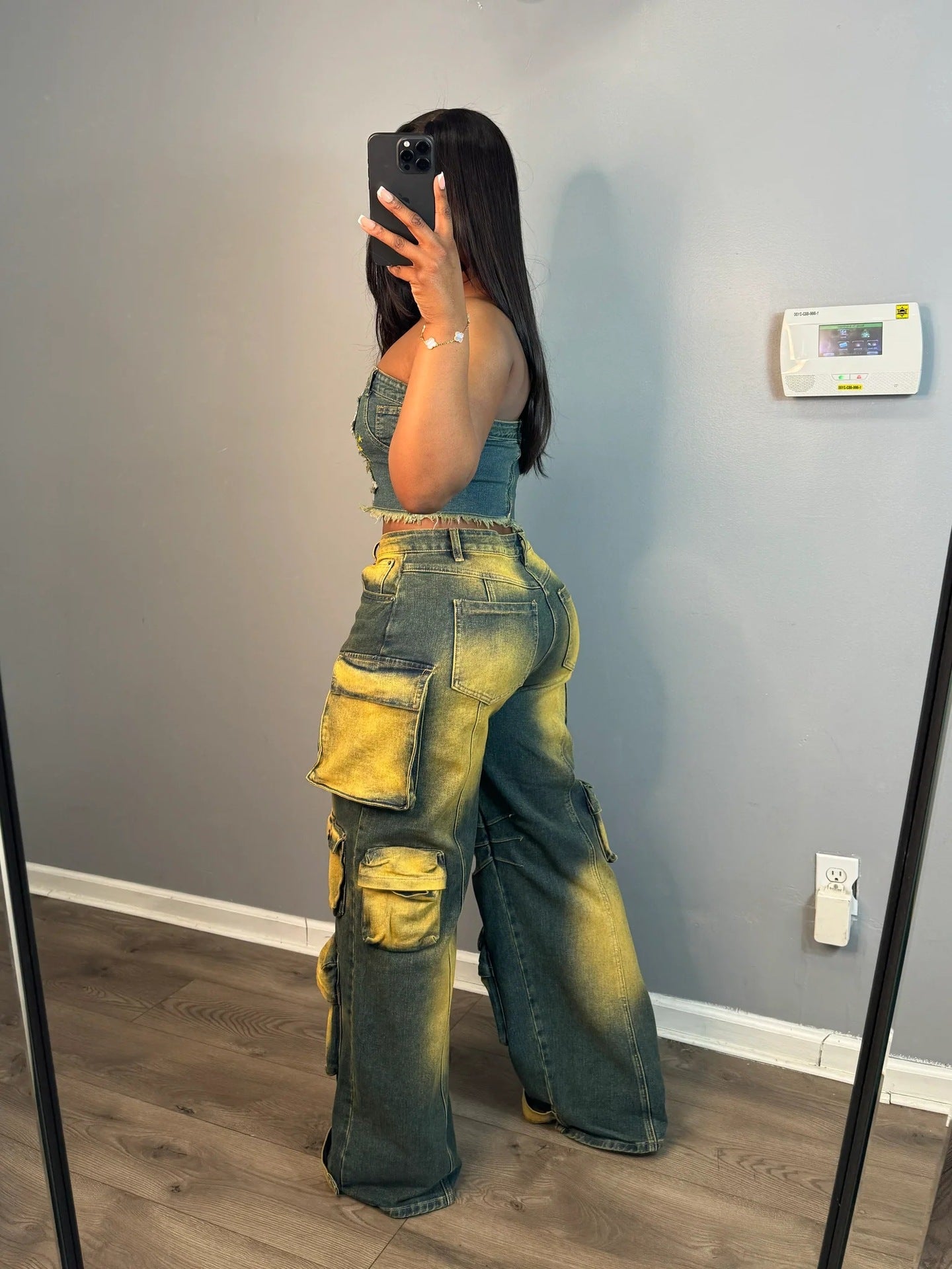 LADIES DENIM CARGO JEANS DENIM PANTS DARK BLUE DENIM YELLOW (SIZE S - 2XL)