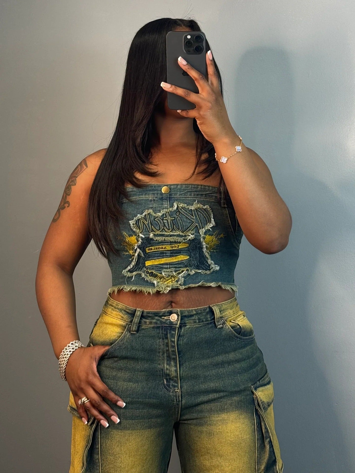 LADIES DENIM CARGO JEANS DENIM PANTS DARK BLUE DENIM YELLOW (SIZE S - 2XL)
