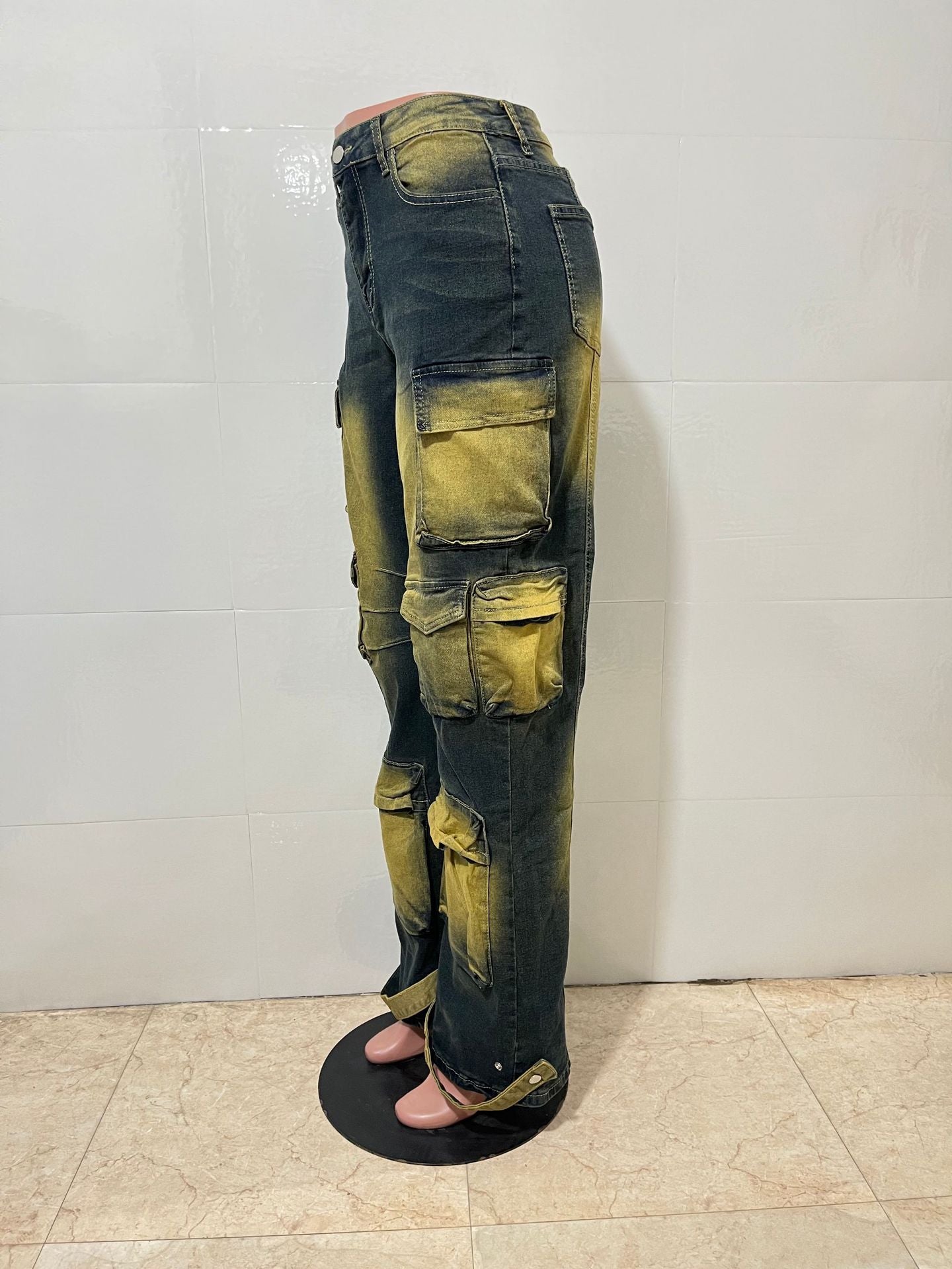 LADIES DENIM CARGO JEANS DENIM PANTS DARK BLUE DENIM YELLOW (SIZE S - 2XL)