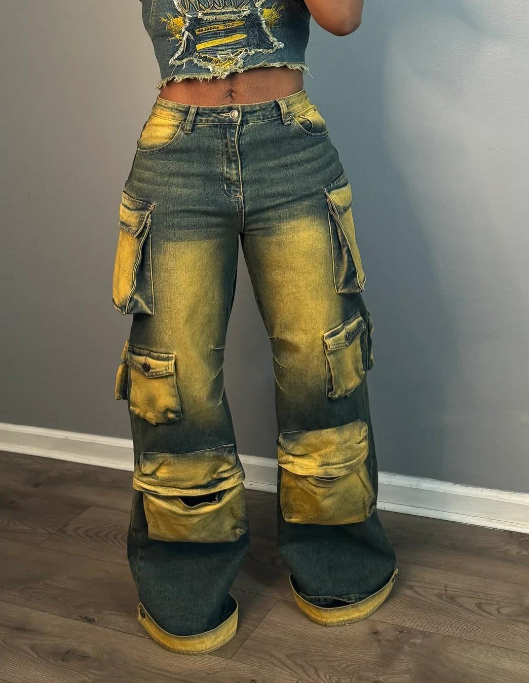 LADIES DENIM CARGO JEANS DENIM PANTS DARK BLUE DENIM YELLOW (SIZE S - 2XL)