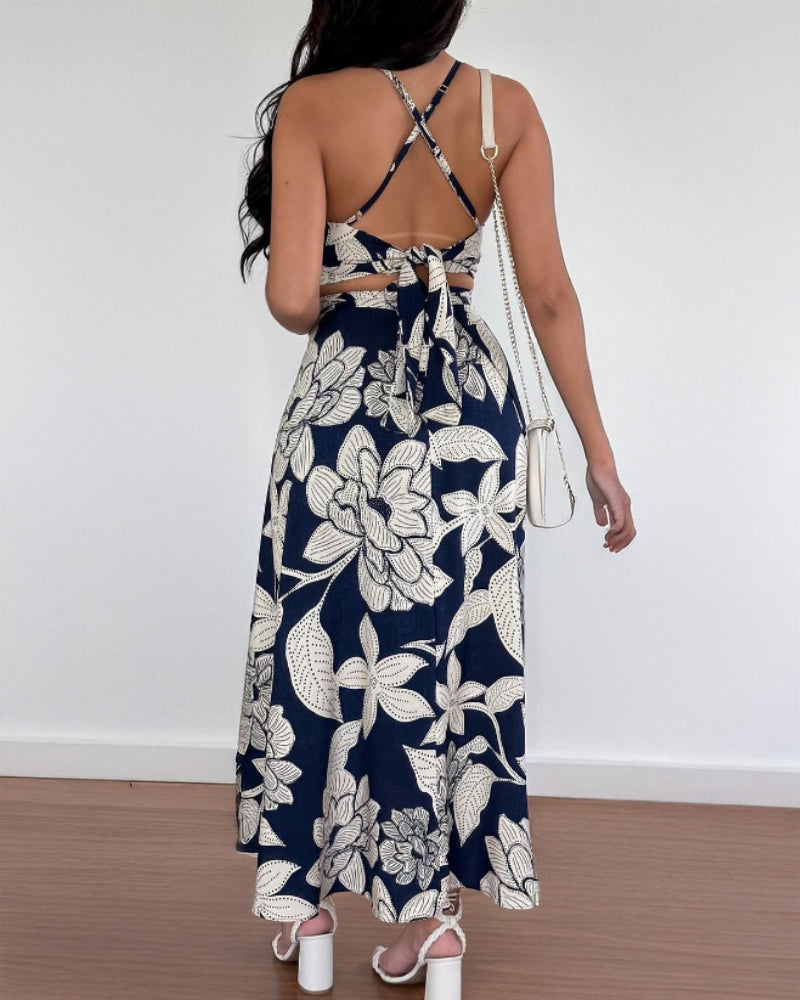 LADIES TWO PIECE SLEEVELESS TOP & SKIRT SET NAVY-WHITE (SIZE S - XL)