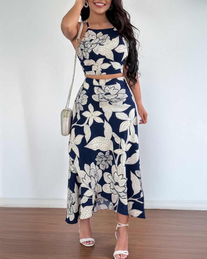 LADIES TWO PIECE SLEEVELESS TOP & SKIRT SET NAVY-WHITE (SIZE S - XL)