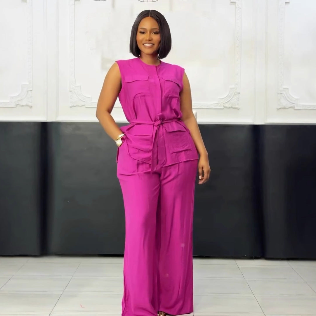 LADIES TWO PIECE SLEEVELESS TOP & PANTS SET WHITE / DARK PINK / YELLOW / ORANGE (SIZE S - 3XL)