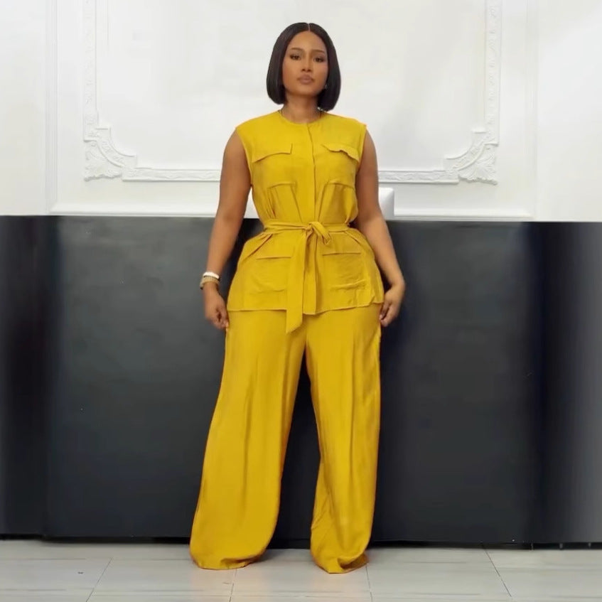 LADIES TWO PIECE SLEEVELESS TOP & PANTS SET WHITE / DARK PINK / YELLOW / ORANGE (SIZE S - 3XL)