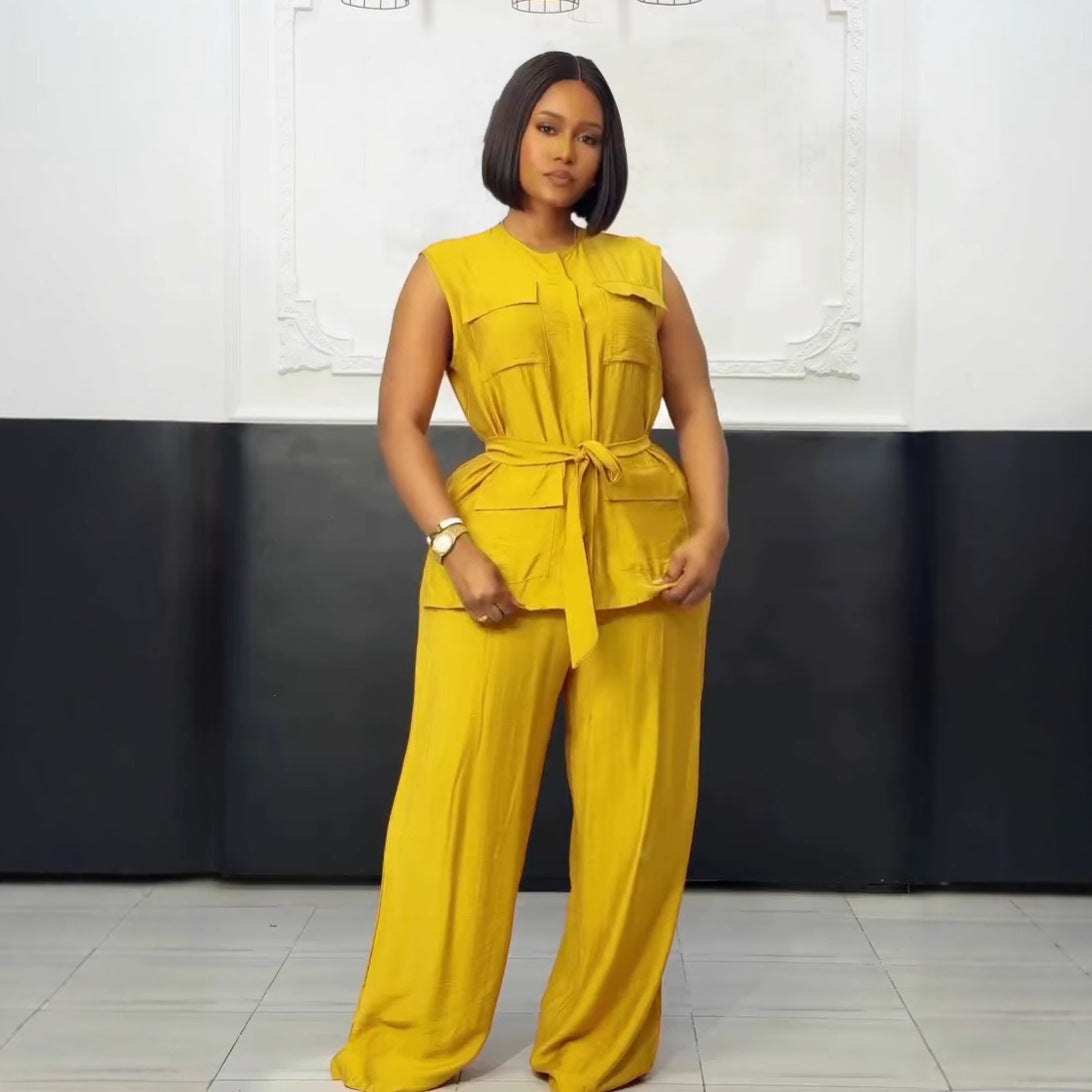 LADIES TWO PIECE SLEEVELESS TOP & PANTS SET WHITE / DARK PINK / YELLOW / ORANGE (SIZE S - 3XL)