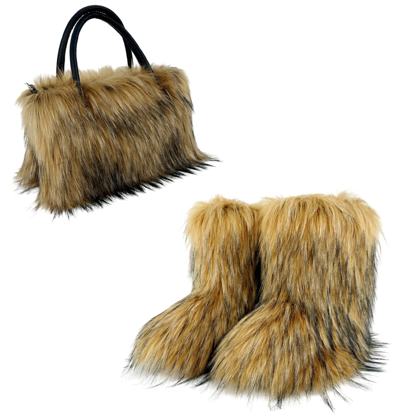 LADIES TWO PIECE FLUFFY FUR BOOTS & BAG SET BROWN / BLACK / BRIGHT PINK / GRAY / YELLOW / RED / PINK / WHITE (SIZE 36 - 44 ) (SIZE 4 - 9)