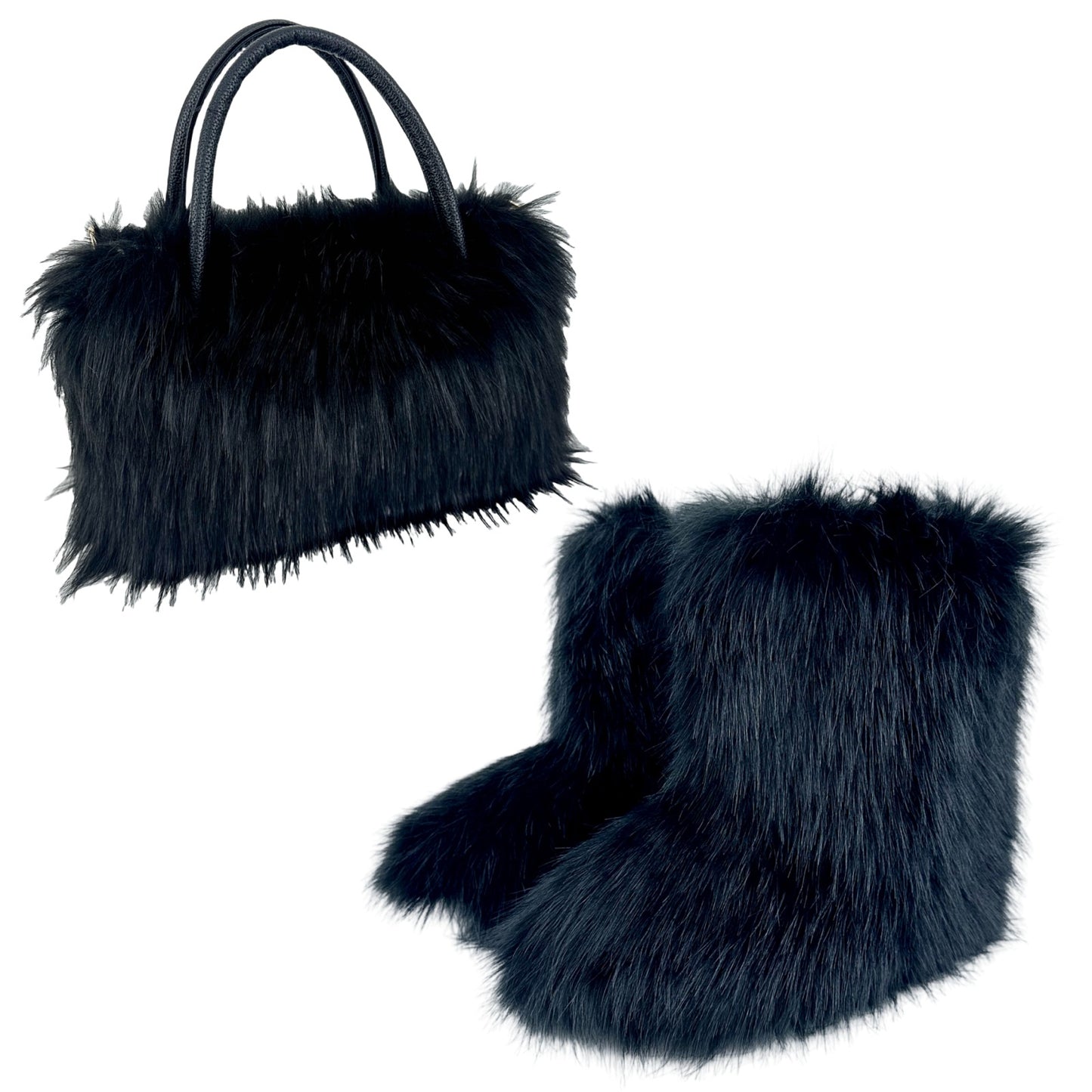 LADIES TWO PIECE FLUFFY FUR BOOTS & BAG SET BROWN / BLACK / BRIGHT PINK / GRAY / YELLOW / RED / PINK / WHITE (SIZE 36 - 44 ) (SIZE 4 - 9)