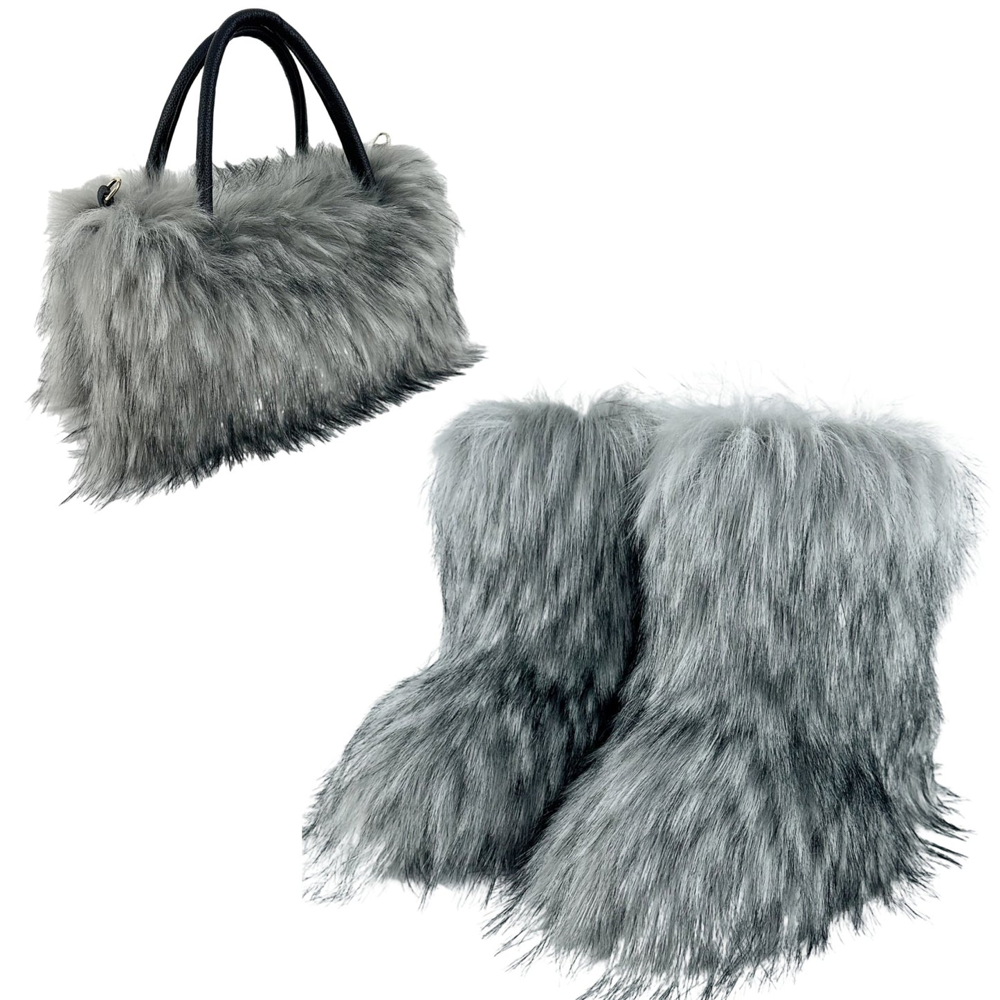 LADIES TWO PIECE FLUFFY FUR BOOTS & BAG SET BROWN / BLACK / BRIGHT PINK / GRAY / YELLOW / RED / PINK / WHITE (SIZE 36 - 44 ) (SIZE 4 - 9)