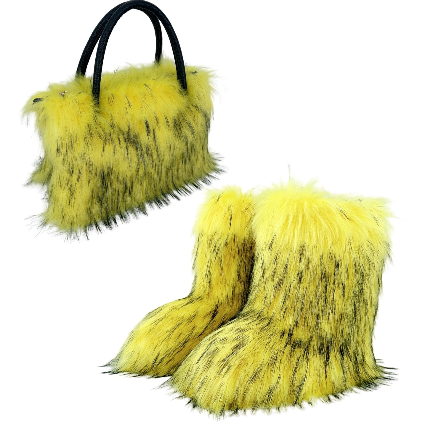 LADIES TWO PIECE FLUFFY FUR BOOTS & BAG SET BROWN / BLACK / BRIGHT PINK / GRAY / YELLOW / RED / PINK / WHITE (SIZE 36 - 44 ) (SIZE 4 - 9)