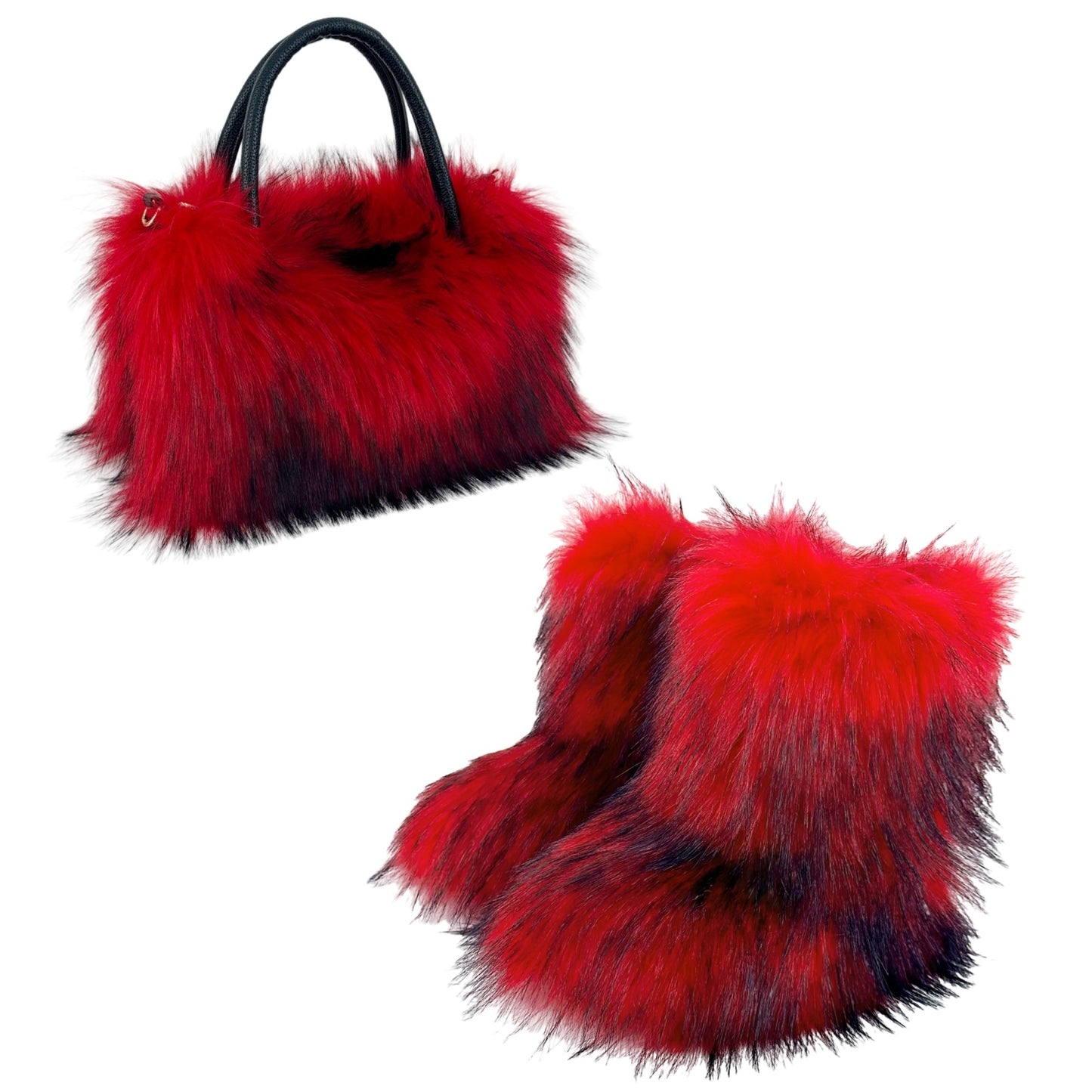 LADIES TWO PIECE FLUFFY FUR BOOTS & BAG SET BROWN / BLACK / BRIGHT PINK / GRAY / YELLOW / RED / PINK / WHITE (SIZE 36 - 44 ) (SIZE 4 - 9)