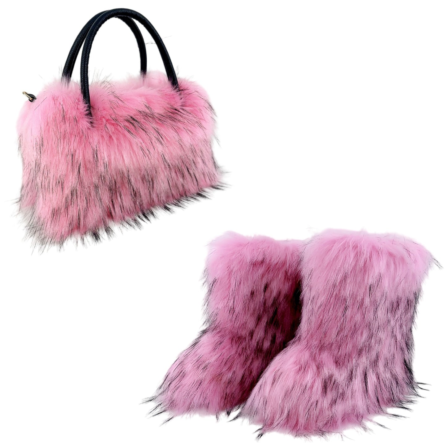 LADIES TWO PIECE FLUFFY FUR BOOTS & BAG SET BROWN / BLACK / BRIGHT PINK / GRAY / YELLOW / RED / PINK / WHITE (SIZE 36 - 44 ) (SIZE 4 - 9)