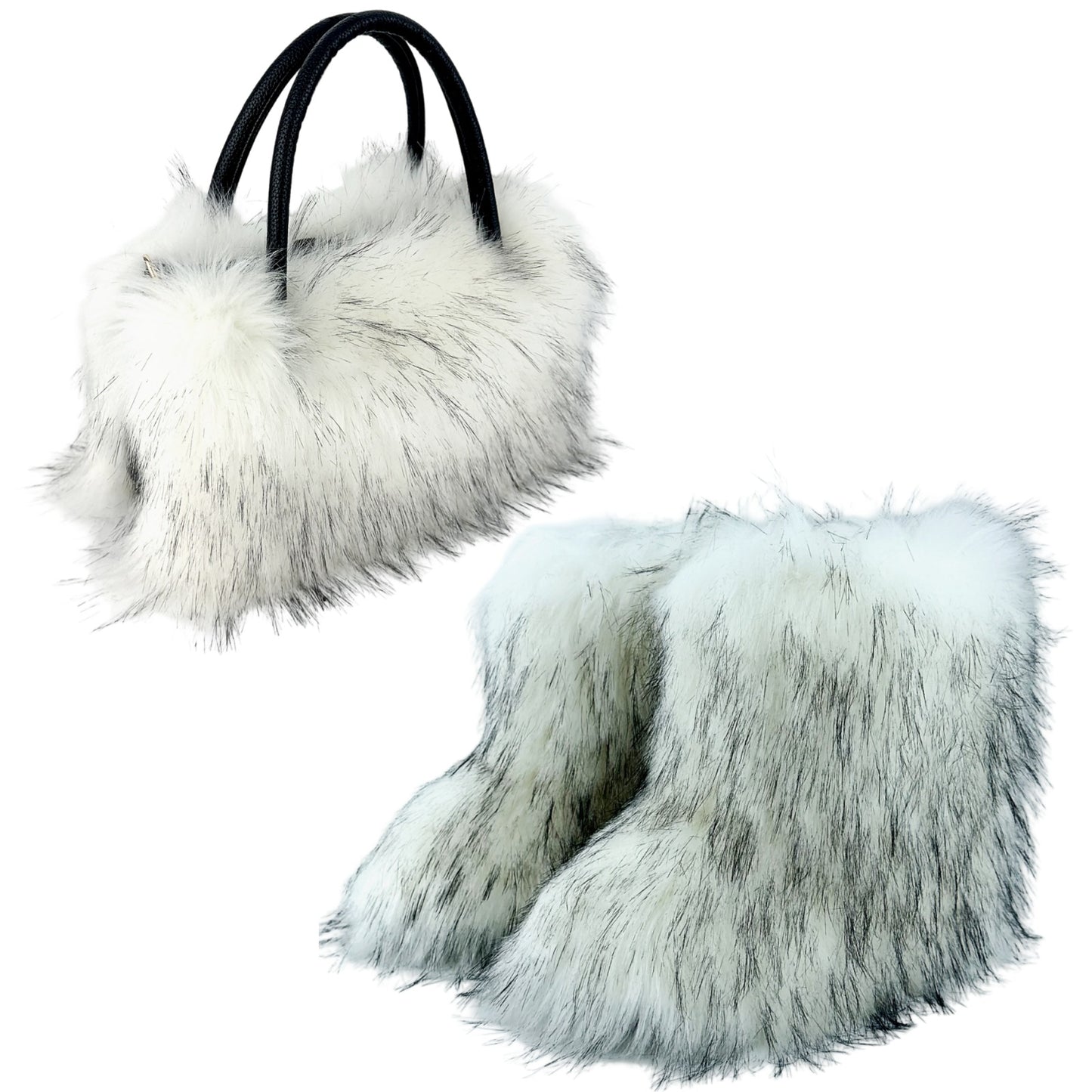 LADIES TWO PIECE FLUFFY FUR BOOTS & BAG SET BROWN / BLACK / BRIGHT PINK / GRAY / YELLOW / RED / PINK / WHITE (SIZE 36 - 44 ) (SIZE 4 - 9)