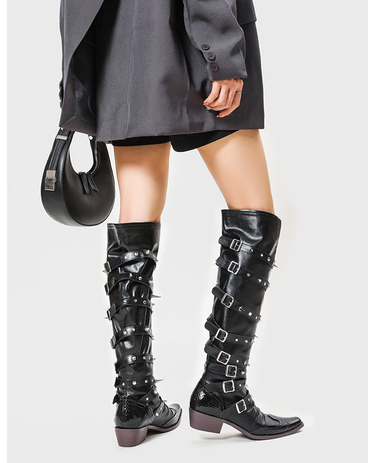 LADIES PU LEATHER BOOTS GOTH BOOTS ITH STUDS & BUCKLES BLACK (SIZE 35 - 40 ) (SIZE 3 - 7)