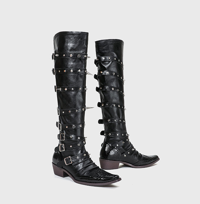 LADIES PU LEATHER BOOTS GOTH BOOTS ITH STUDS & BUCKLES BLACK (SIZE 35 - 40 ) (SIZE 3 - 7)
