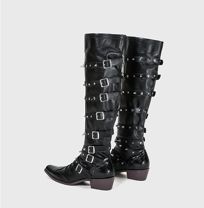 LADIES PU LEATHER BOOTS GOTH BOOTS ITH STUDS & BUCKLES BLACK (SIZE 35 - 40 ) (SIZE 3 - 7)