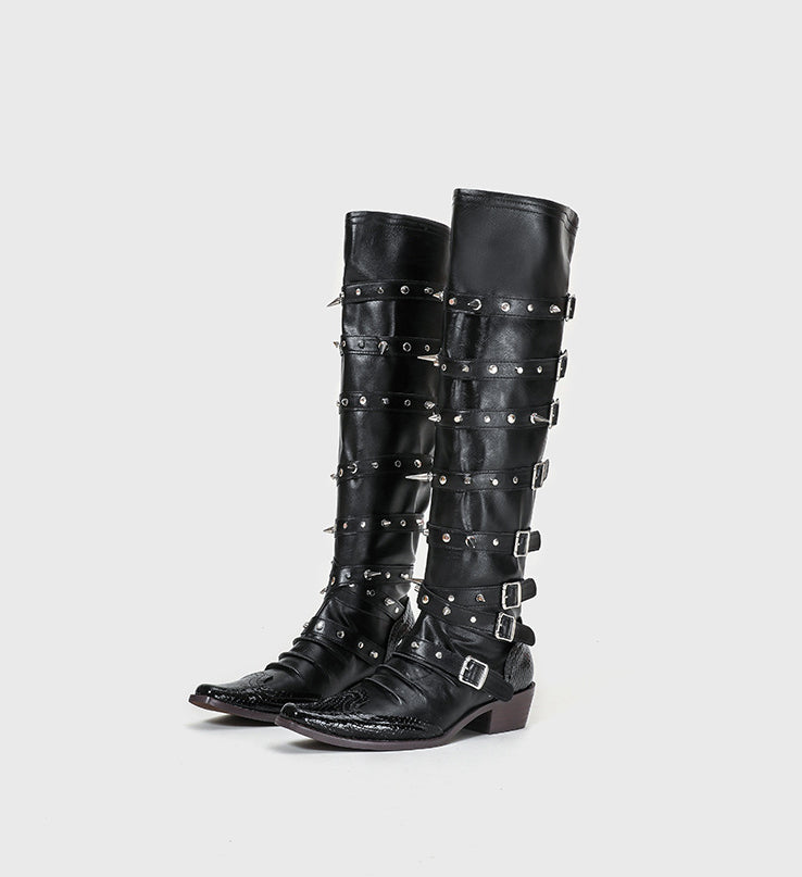 LADIES PU LEATHER BOOTS GOTH BOOTS ITH STUDS & BUCKLES BLACK (SIZE 35 - 40 ) (SIZE 3 - 7)