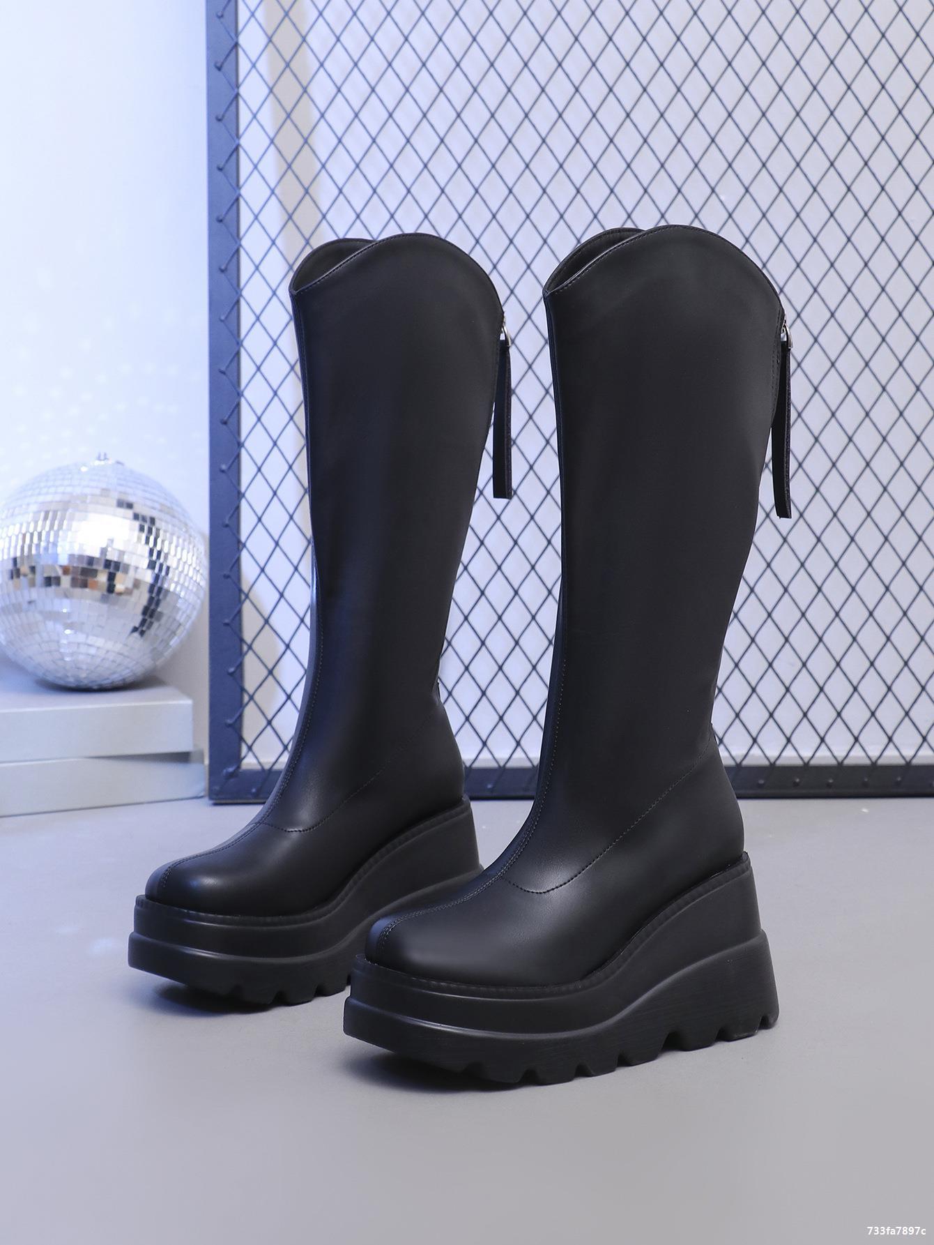 LADIES THICK HEEL PU LEATHER BOOTS BLACK (SIZE 36 - 43) (SIZE 4 - 8.5)