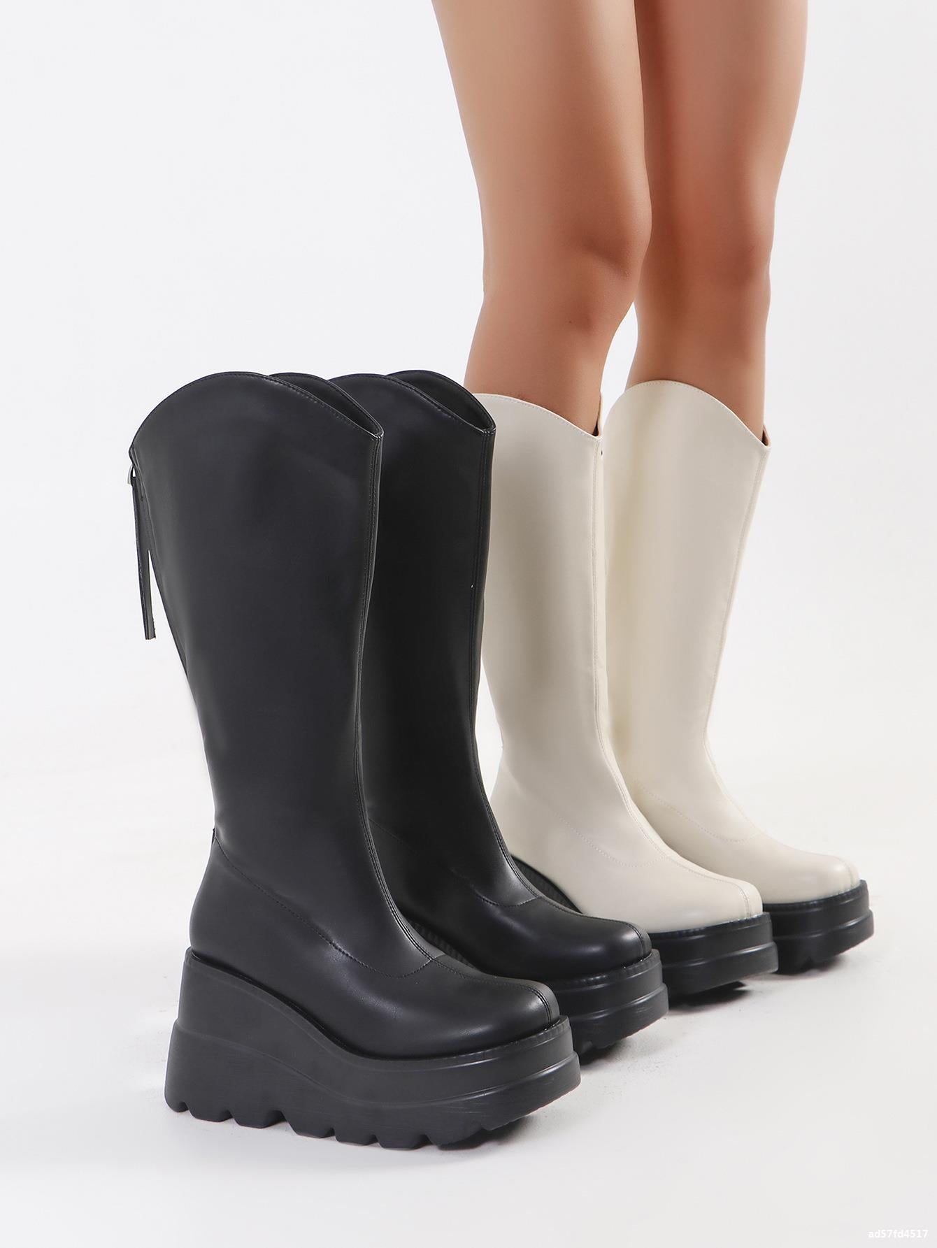LADIES THICK HEEL PU LEATHER BOOTS BLACK (SIZE 36 - 43) (SIZE 4 - 8.5)