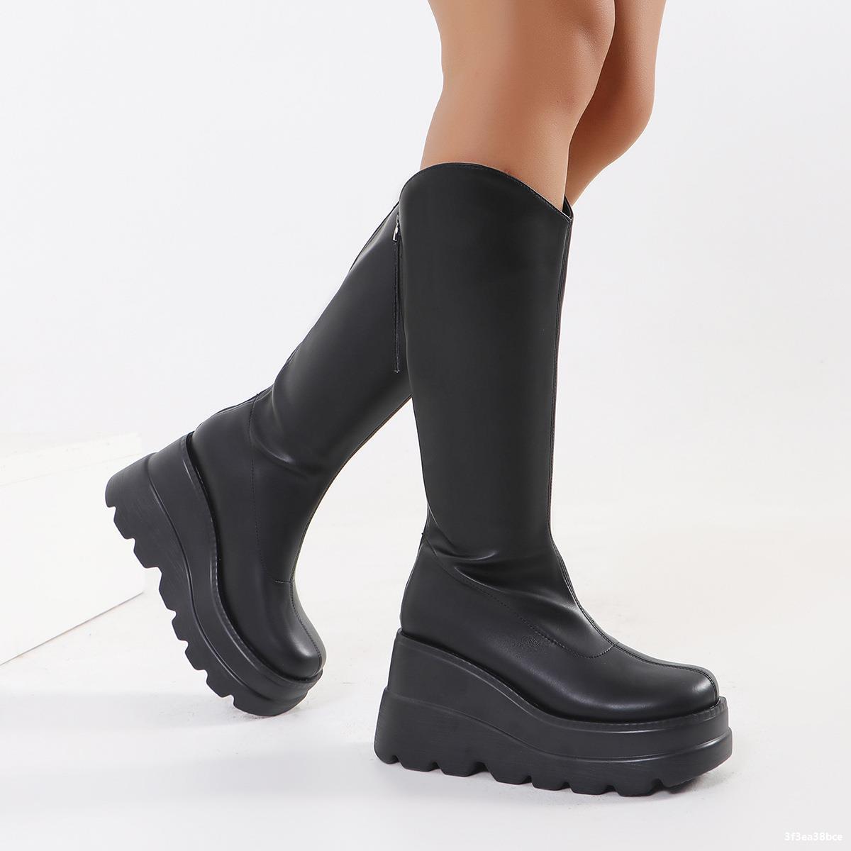 LADIES THICK HEEL PU LEATHER BOOTS BLACK (SIZE 36 - 43) (SIZE 4 - 8.5)