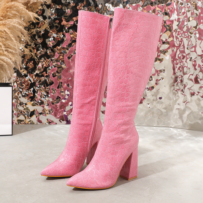 LADIES HIGH HEEL THICK HEEL BOOTS PINK (SIZE 36 - 42) (SIZE 4 - 8)