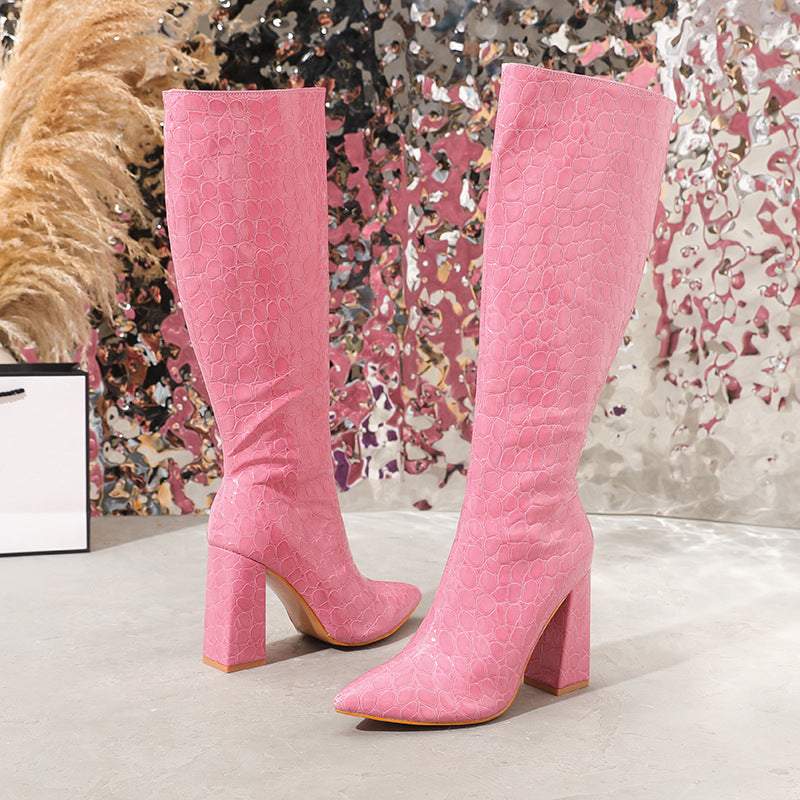 LADIES HIGH HEEL THICK HEEL BOOTS PINK (SIZE 36 - 42) (SIZE 4 - 8)