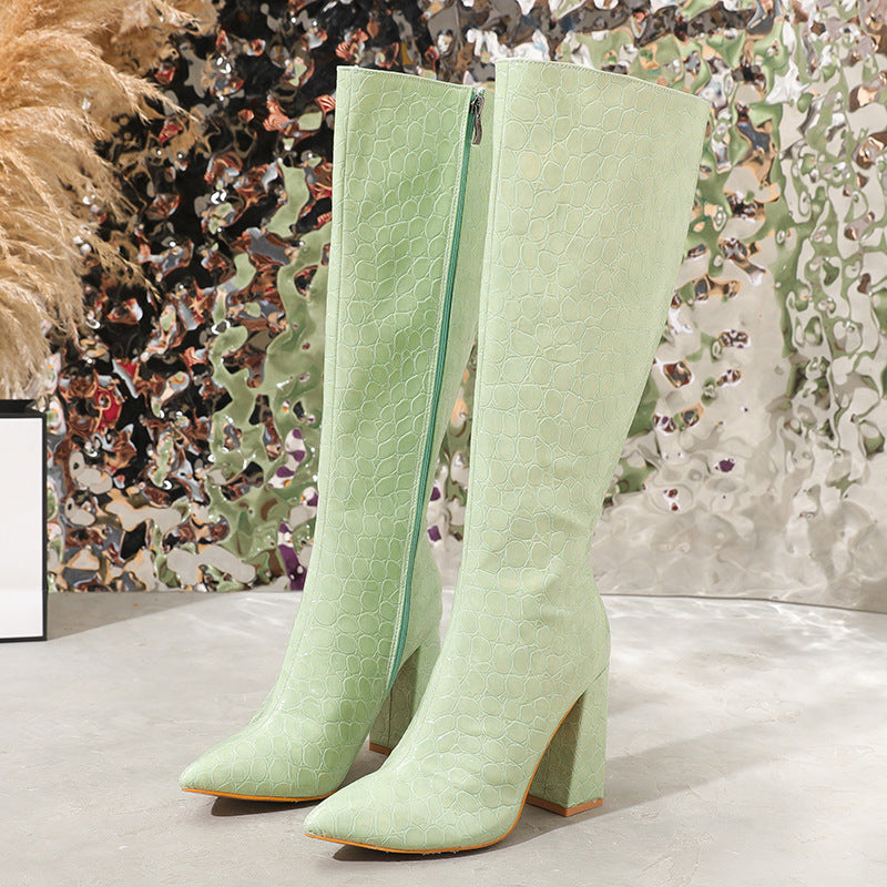 LADIES HIGH HEEL THICK HEEL BOOTS WITH ZIP LIGHT GREEN (SIZE 36 - 42) (SIZE 4 - 8)